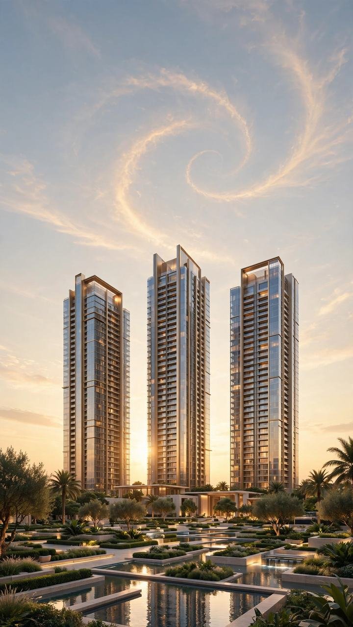 Three residential towers above terraced water gardens at sunset, supplied for 24K Kharadi