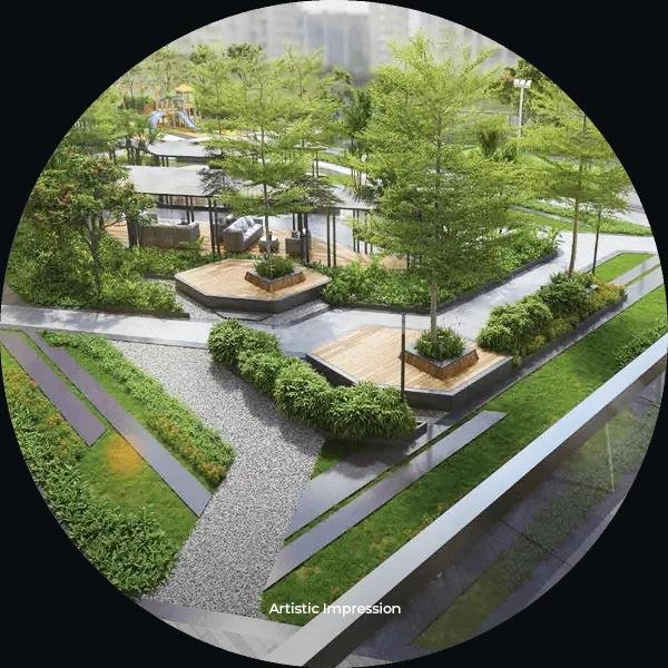 Landscaped garden with timber decks at 24K Manor